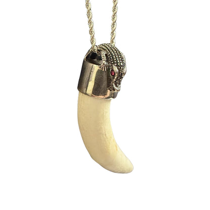 Sterling Silver Extra Large Alligator Tooth Pendant Necklace Red Eye & 24" Rope Chain