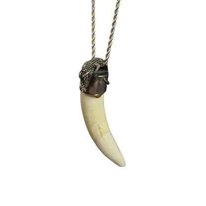 Sterling Silver Extra Large Alligator Tooth Pendant Necklace Red Eye & 24" Rope Chain
