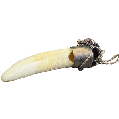 Sterling Silver Extra Large Alligator Tooth Pendant Necklace Red Eye & 24" Rope Chain