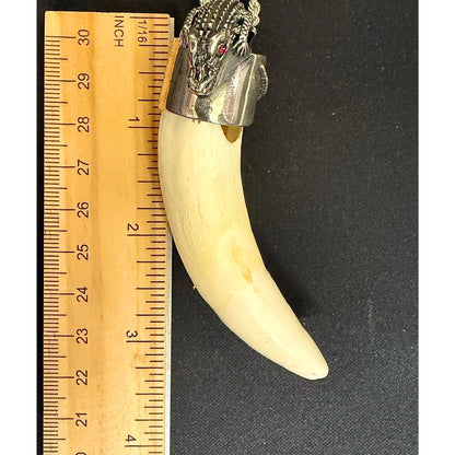 Sterling Silver Extra Large Alligator Tooth Pendant Necklace Red Eye & 24" Rope Chain