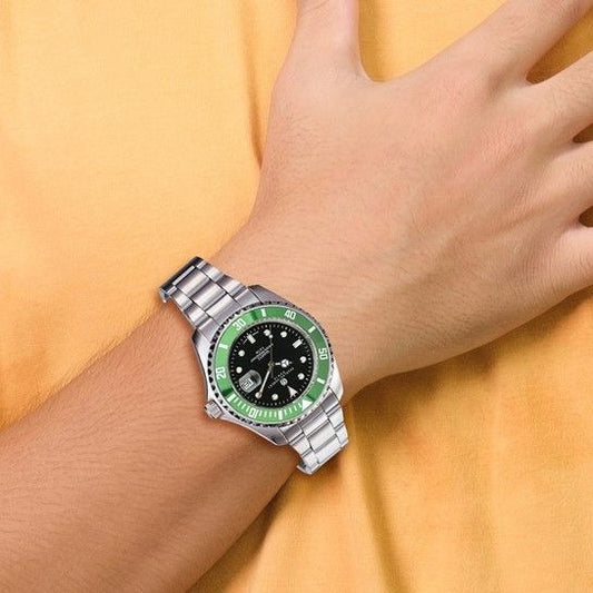 Charles-Hubert Paris Mens Silver & Green Quartz Dive Watch With Date Window & Stainless Steel Band