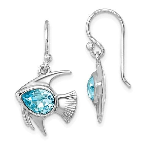 Sterling Silver Rhodium-Plated Blue Crystal Angel Fish Dangle Earrings