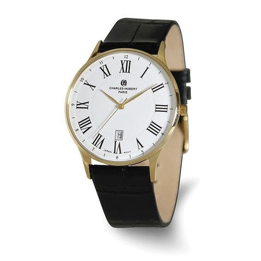 Charles Hubert Gold Plated Stainless Steel Quartz Watch With Black Leather Band