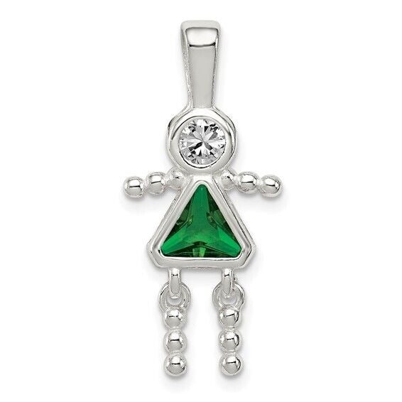 Sterling Silver Rhodium-plated CZ and Birthstone Green May Glass Girl Pendant