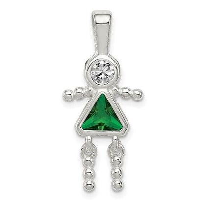 Sterling Silver Rhodium-plated CZ and Birthstone Green May Glass Girl Pendant