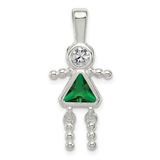 Sterling Silver Rhodium-plated CZ and Birthstone Green May Glass Girl Pendant