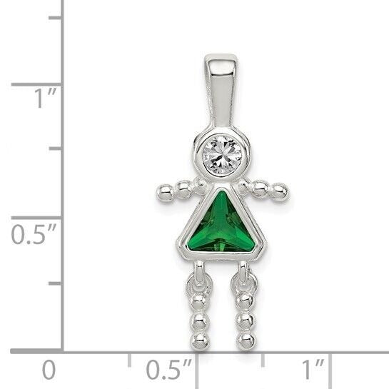 Sterling Silver Rhodium-plated CZ and Birthstone Green May Glass Girl Pendant