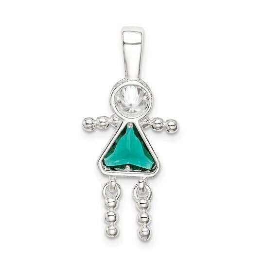Sterling Silver Rhodium-plated CZ and Birthstone Green May Glass Girl Pendant