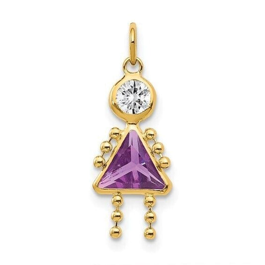 10k Yellow Gold Cubic Zirconia and February Girl Birthstone Charm Pendant