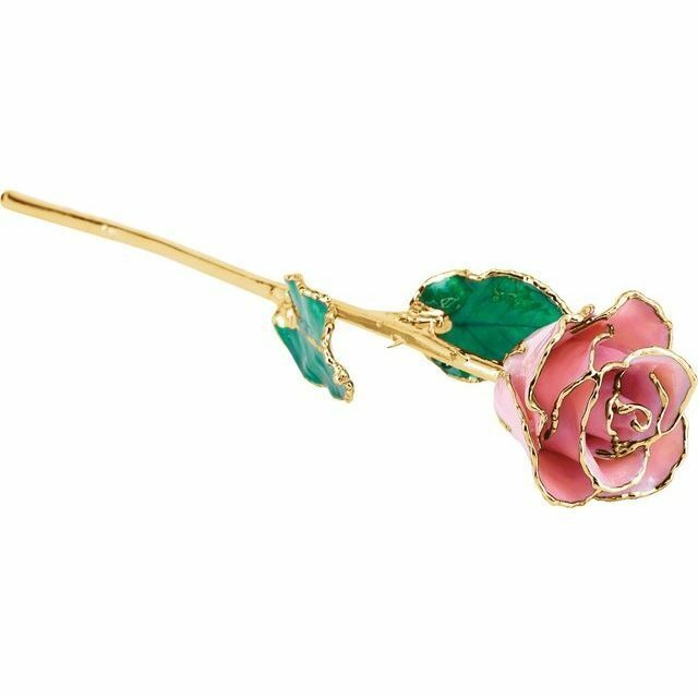 Real Semi Opened Lacquered Pink Pearl Rose with 24k Gold Trim