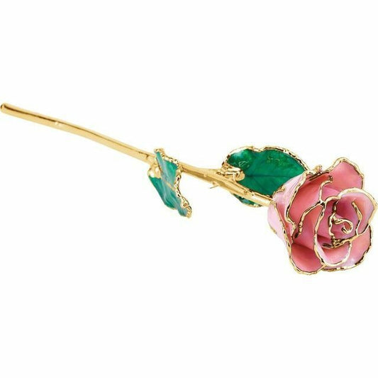 Real Semi Opened Lacquered Pink Pearl Rose with 24k Gold Trim