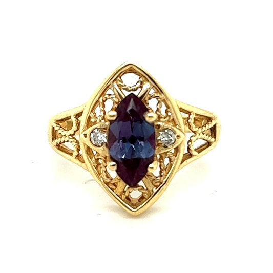 Imitation Alexandrite and Diamond Ring REAL Solid 14k Yellow Gold 4.0g Size 6.5