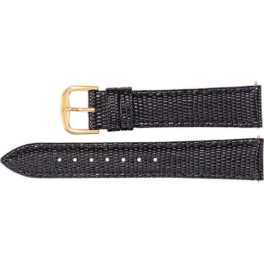 Mens 22 mm Long Black Leather Lizard Grain Padded Watch Strap Band