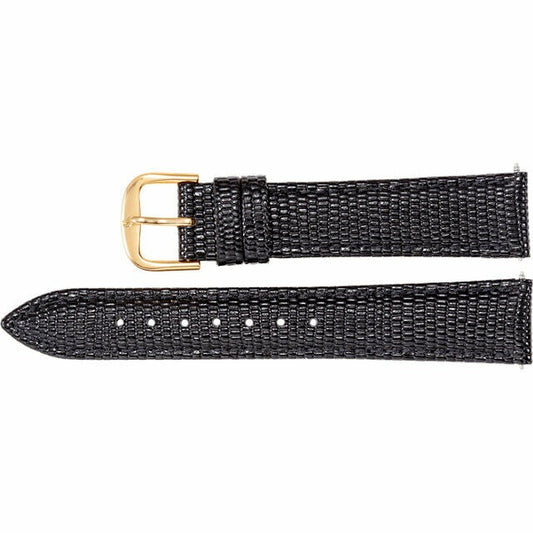 Mens 22 mm Long Black Leather Lizard Grain Padded Watch Strap Band