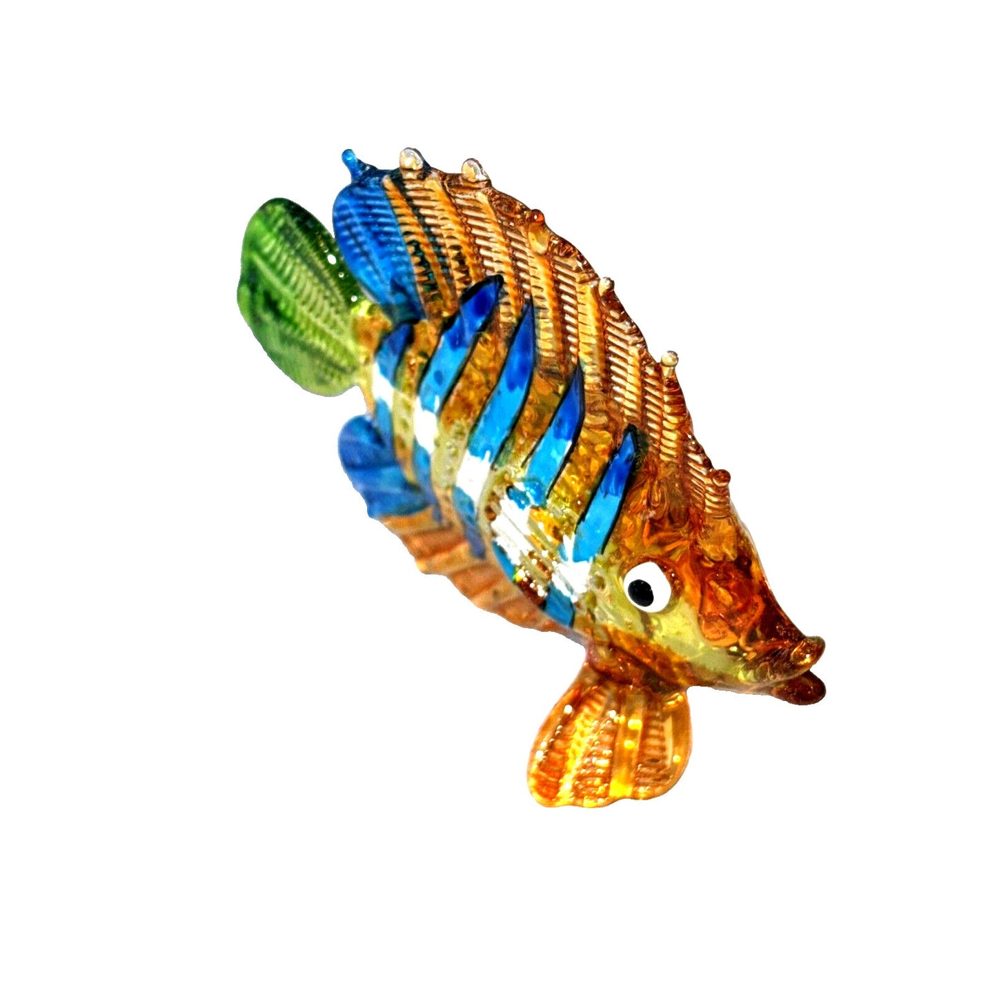 2¾" Long Yellow Blue Regal Angelfish with Green Tail Hand Blown Glass Figurine