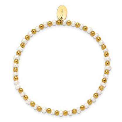 Chisel Stainless Steel Polished Yellow IP-Plated Freshwater Pearl 6.5 Inch Stretch Bracelet