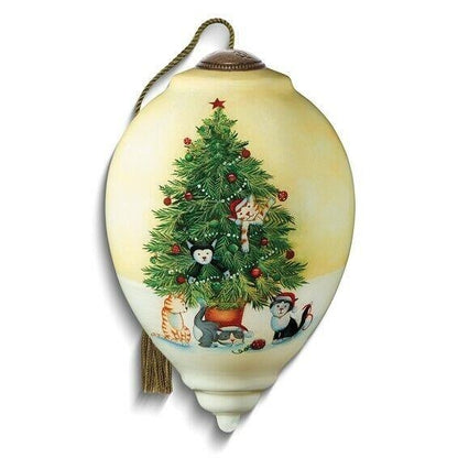 Ne'Qwa Art Christmas Tree Cats by Emma Leach Hand painted Glass Ornament
