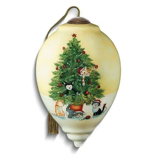 Ne'Qwa Art Christmas Tree Cats by Emma Leach Hand painted Glass Ornament