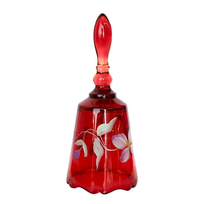Fenton Red Bell Hand painted Pink Floral and Signed