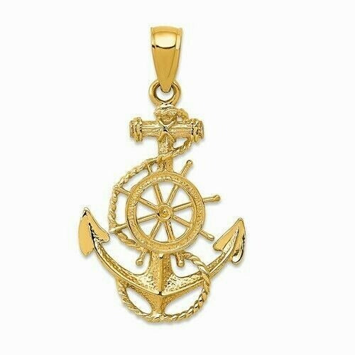 14K Yellow Gold Anchor & Ship Wheel Pendant Charm Nautical