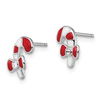 Sterling Silver Rhodium-Plated Candy Cane Earrings With Red Enamel & Crystal Accents