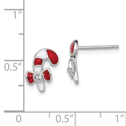 Sterling Silver Rhodium-Plated Candy Cane Earrings With Red Enamel & Crystal Accents