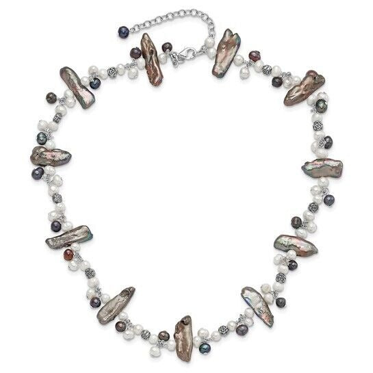 Sterling Silver Peacock & White Freshwater Cultured Pearl Necklace With 2-Inch Extension