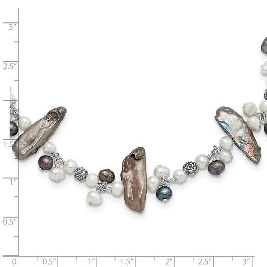Sterling Silver Peacock & White Freshwater Cultured Pearl Necklace With 2-Inch Extension