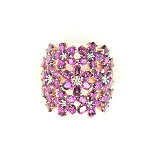 Amethyst & Diamond Floral Design Rose Gold Plated Sterling Silver 925 Ring 11.7g Size 9