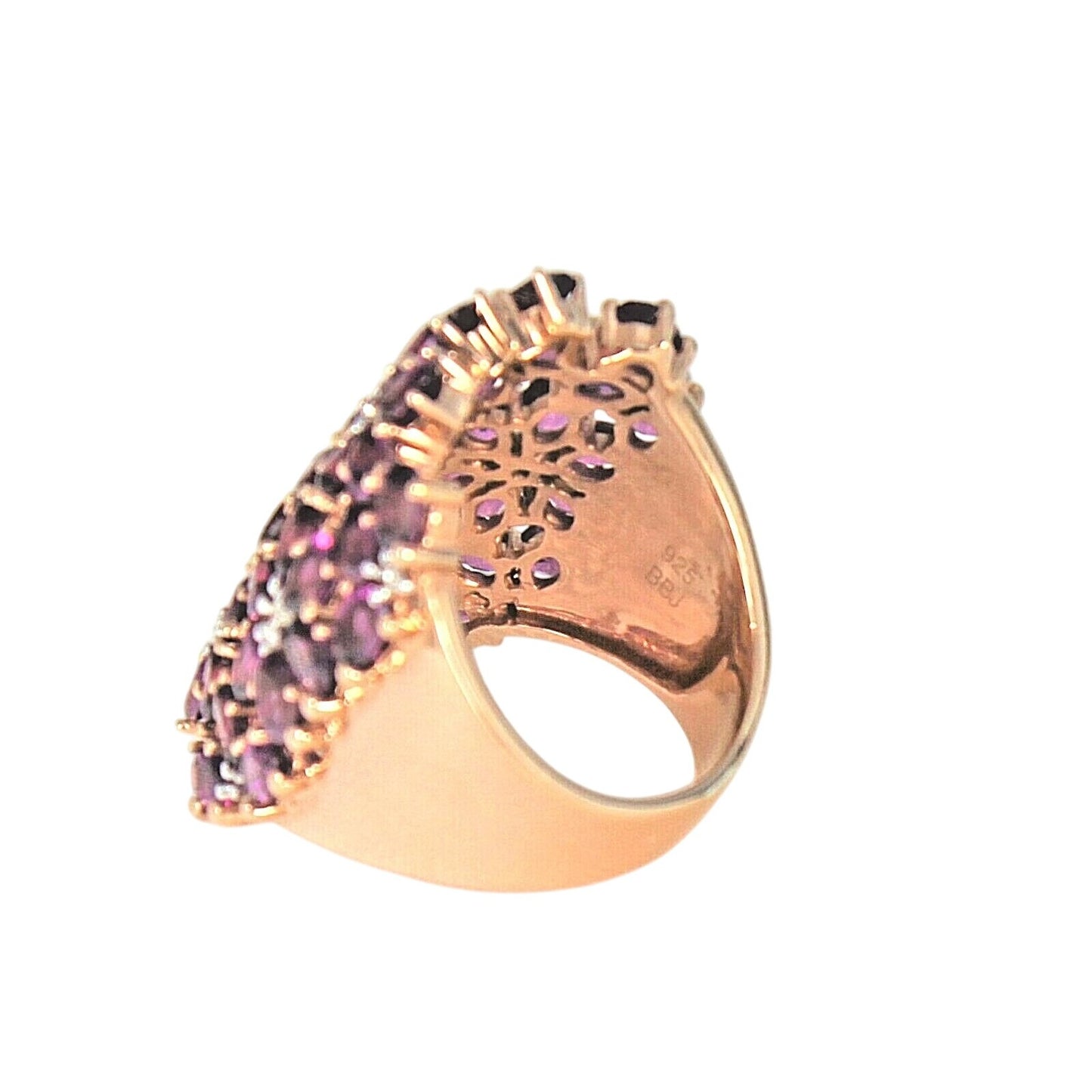 Amethyst & Diamond Floral Design Rose Gold Plated Sterling Silver 925 Ring 11.7g Size 9