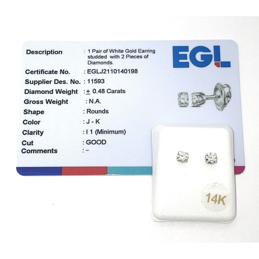 1/2 ctw 14K White Gold Round Diamond Excellent Solitaire Earrings (Certified)