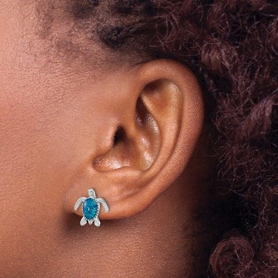 Sterling Silver Rhodium-Plated Enameled Polished Turtle Post Earrings