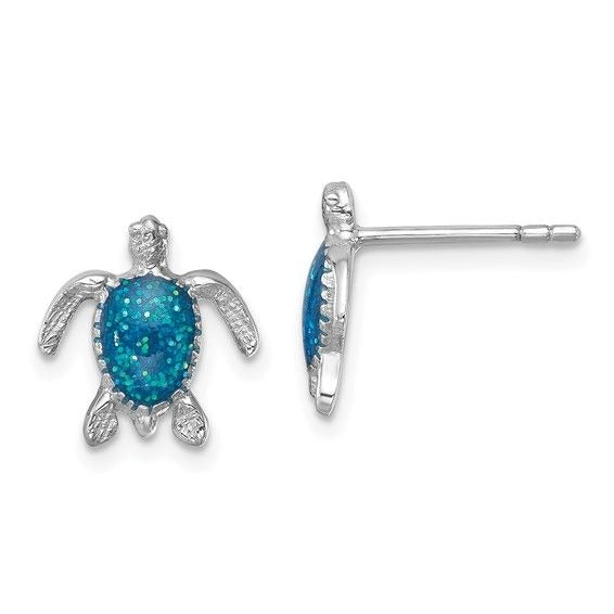 Sterling Silver Rhodium-Plated Enameled Polished Turtle Post Earrings