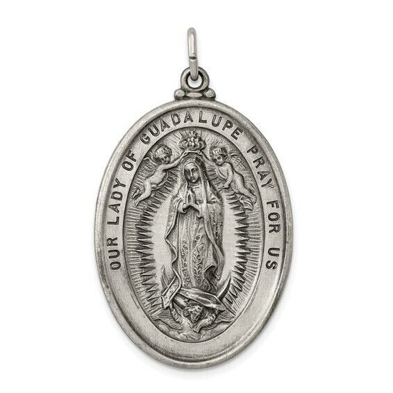 Sterling Silver Antiqued Our Lady Of Guadalupe Pendant 24mm X 13mm Oval Design