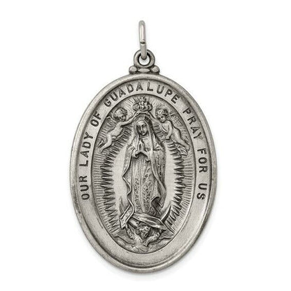 Sterling Silver Antiqued Our Lady Of Guadalupe Pendant 24mm X 13mm Oval Design