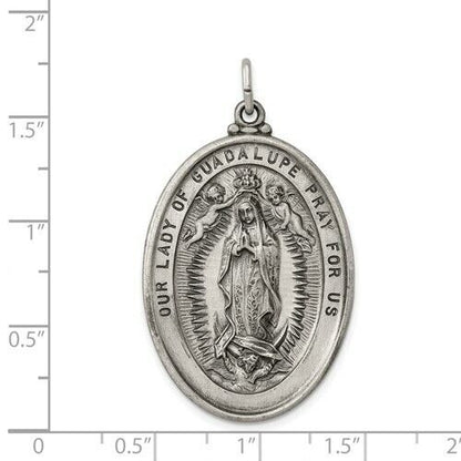 Sterling Silver Antiqued Our Lady Of Guadalupe Pendant 24mm X 13mm Oval Design