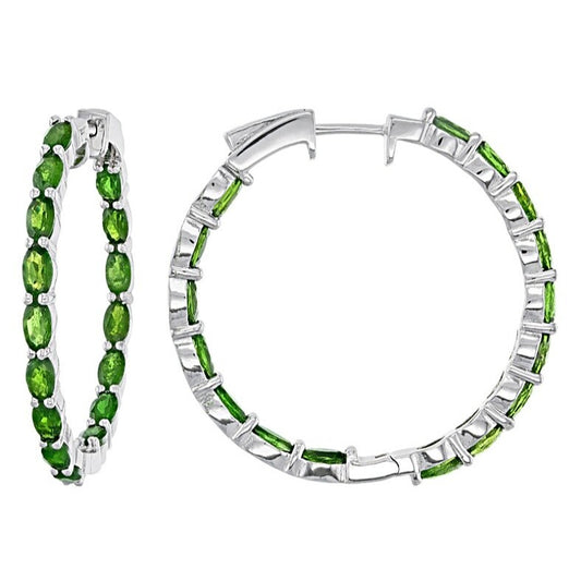 8.20ctw Oval Chrome Diopside Rhodium Over Sterling Silver Hoop Earrings