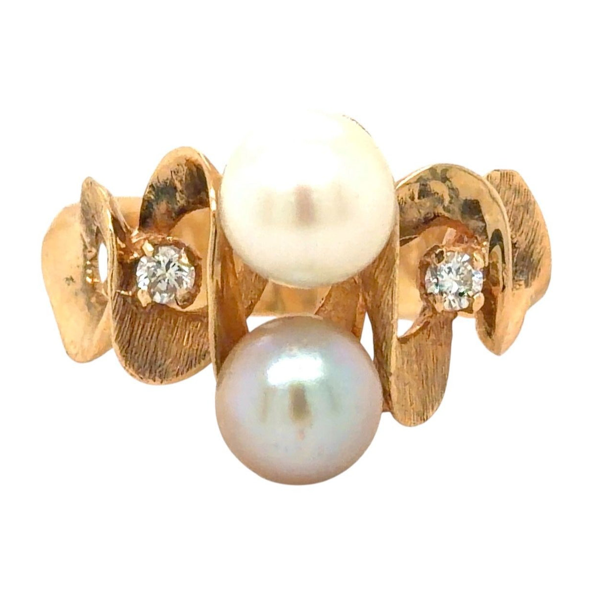 Two-Stone Pearls & Diamonds 14k Yellow Gold Ring 8.5g Size 9.5