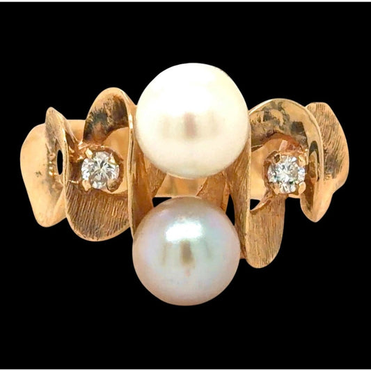 Two-Stone Pearls & Diamonds 14k Yellow Gold Ring 8.5g Size 9.5