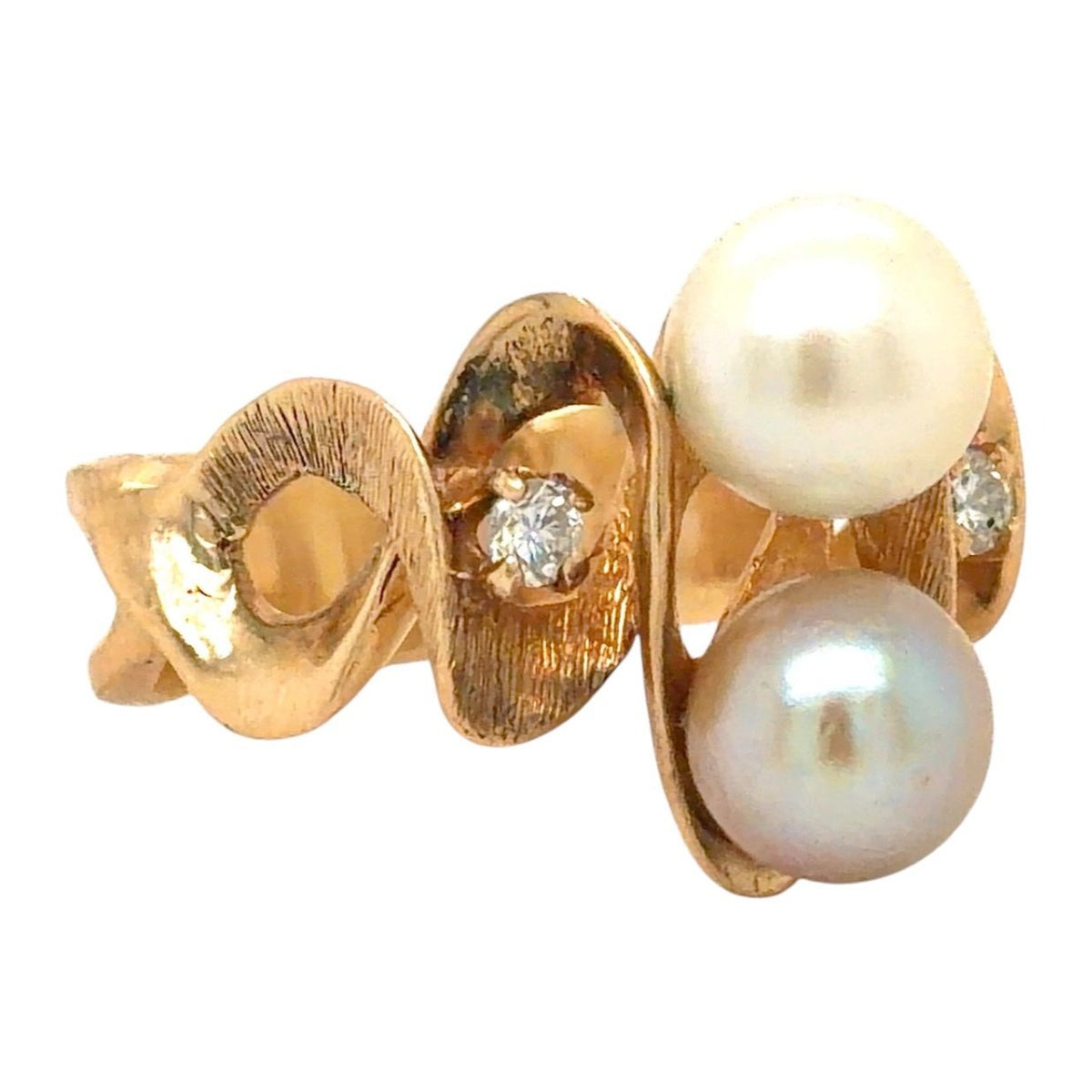 Two-Stone Pearls & Diamonds 14k Yellow Gold Ring 8.5g Size 9.5
