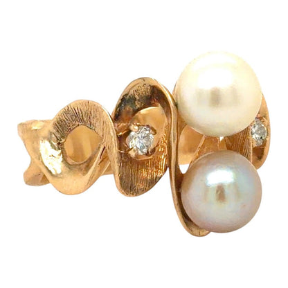 Two-Stone Pearls & Diamonds 14k Yellow Gold Ring 8.5g Size 9.5