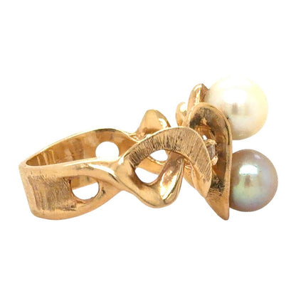 Two-Stone Pearls & Diamonds 14k Yellow Gold Ring 8.5g Size 9.5