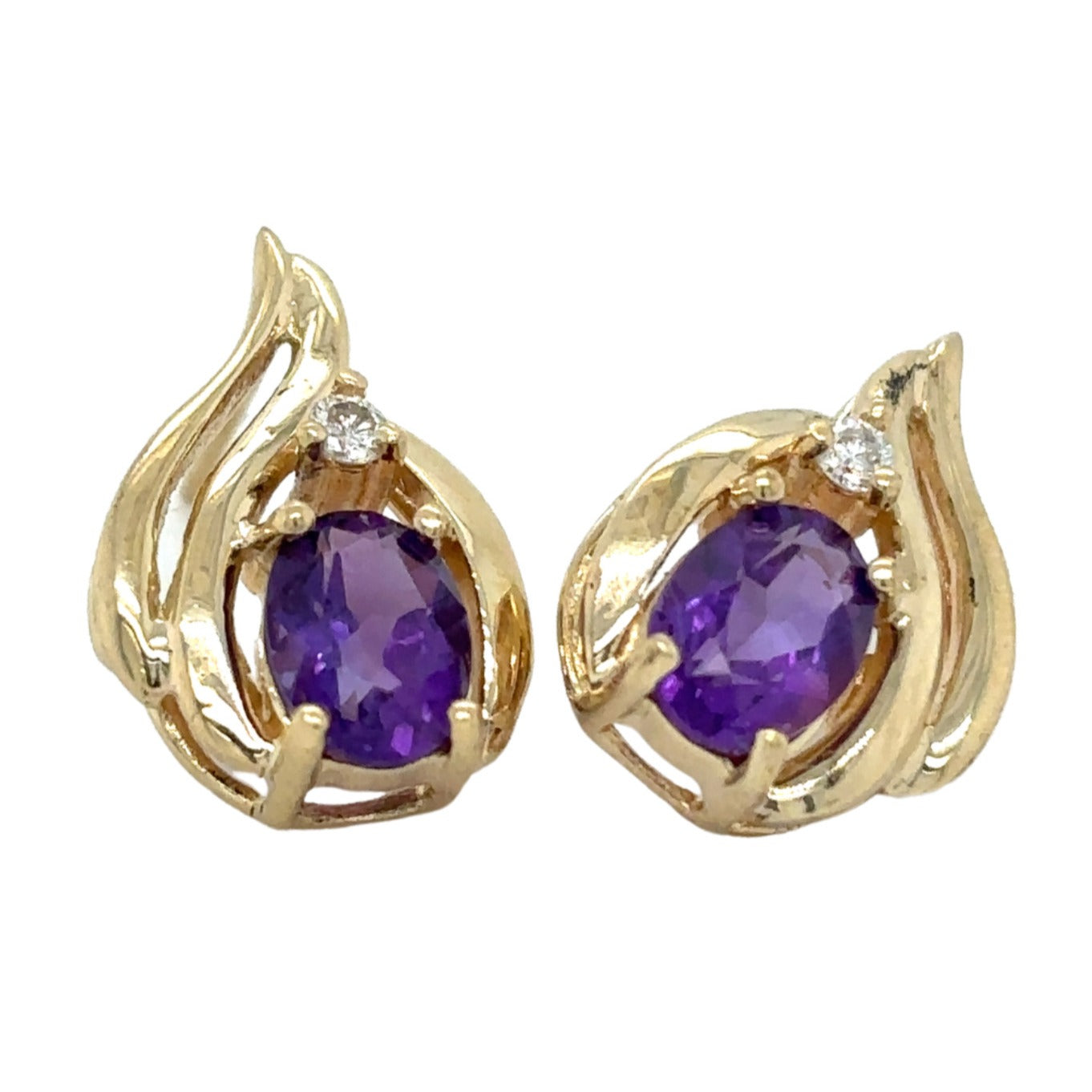 14K Yellow Gold Amethyst Stud Earrings & Diamond 2.9g