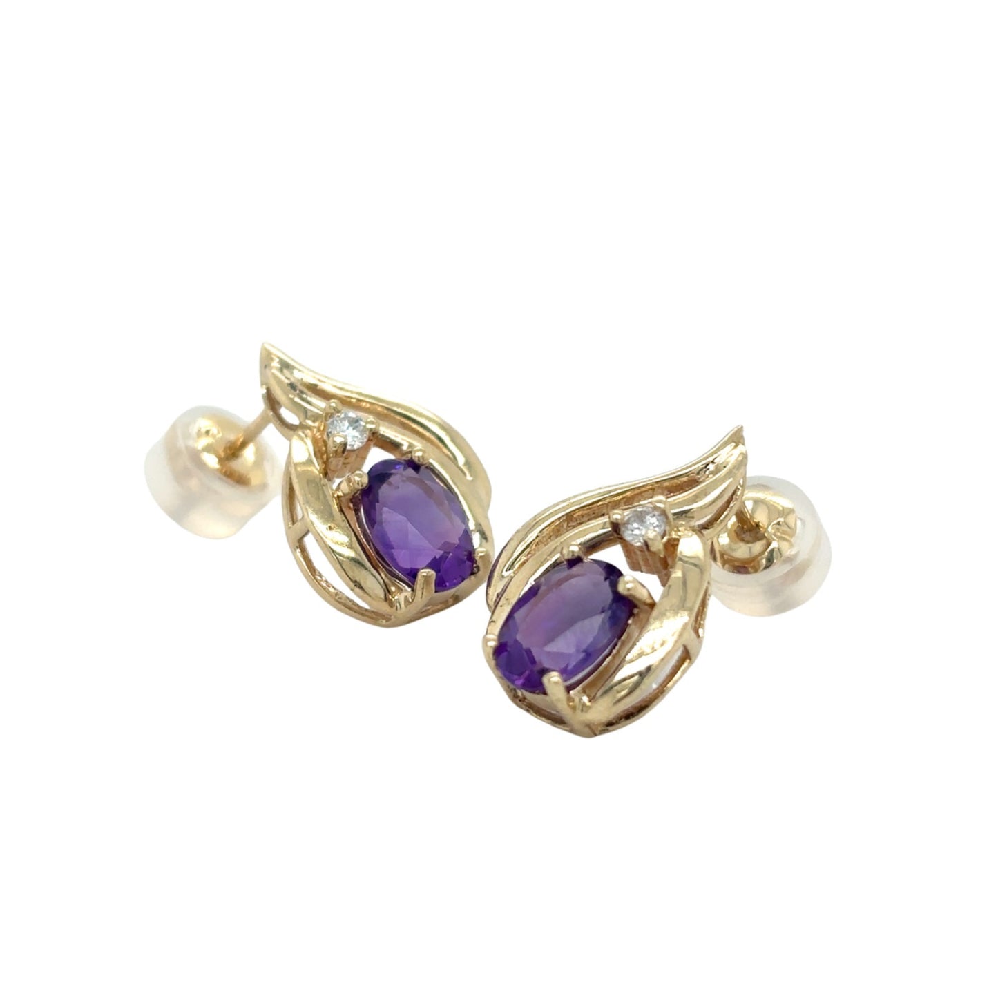 14K Yellow Gold Amethyst Stud Earrings & Diamond 2.9g
