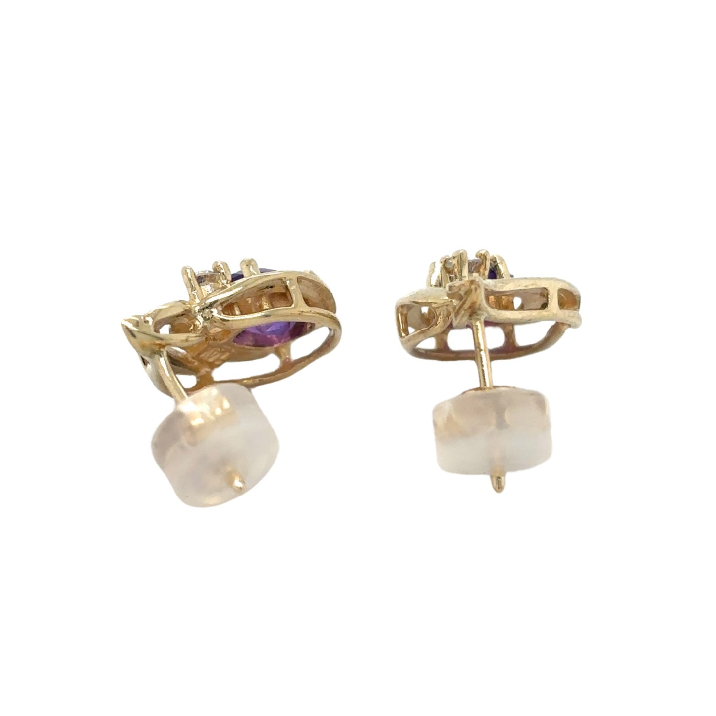 14K Yellow Gold Amethyst Stud Earrings & Diamond 2.9g