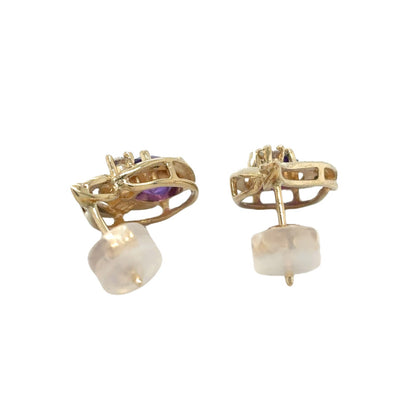 14K Yellow Gold Amethyst Stud Earrings & Diamond 2.9g