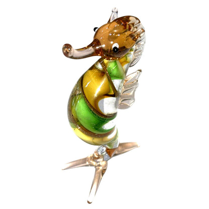 Hand Blown Glass Seahorse Figurine With Green Yellow Swirl Design 3" High Collectible Art Piece
