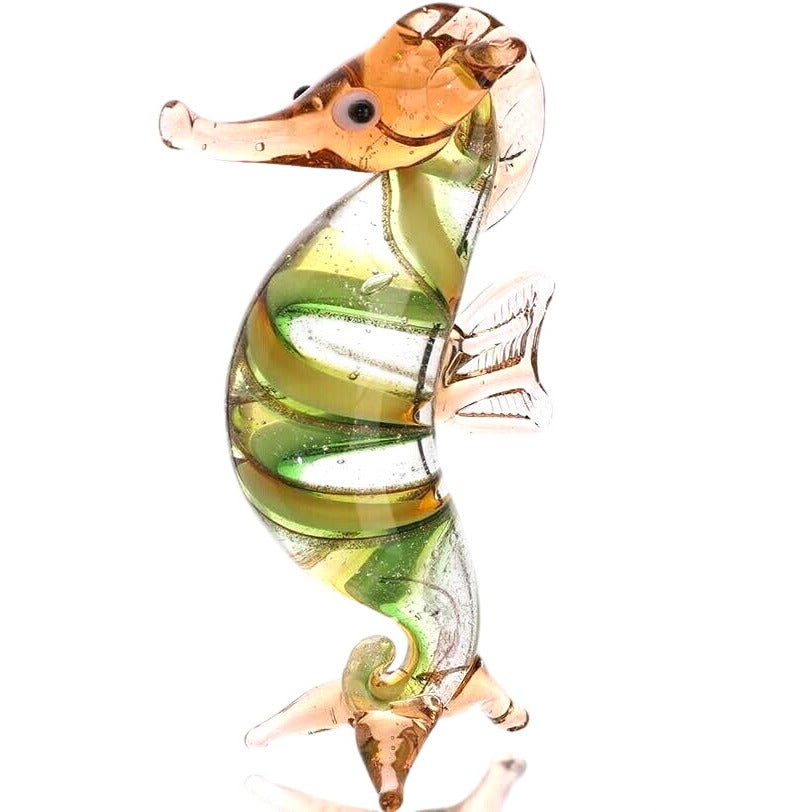 Hand Blown Glass Seahorse Figurine With Green Yellow Swirl Design 3" High Collectible Art Piece