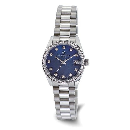Charles Hubert Paris Crystal-Accented Stainless Steel Watch Blue Dial Date Display
