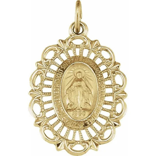 14K Yellow Gold 22x16mm Oval Filigree Miraculous Medal Virgin Mary Medal Pendant